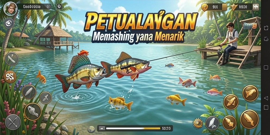 Tangkapan layar gameplay 9SL dengan suasana memancing yang menawan.