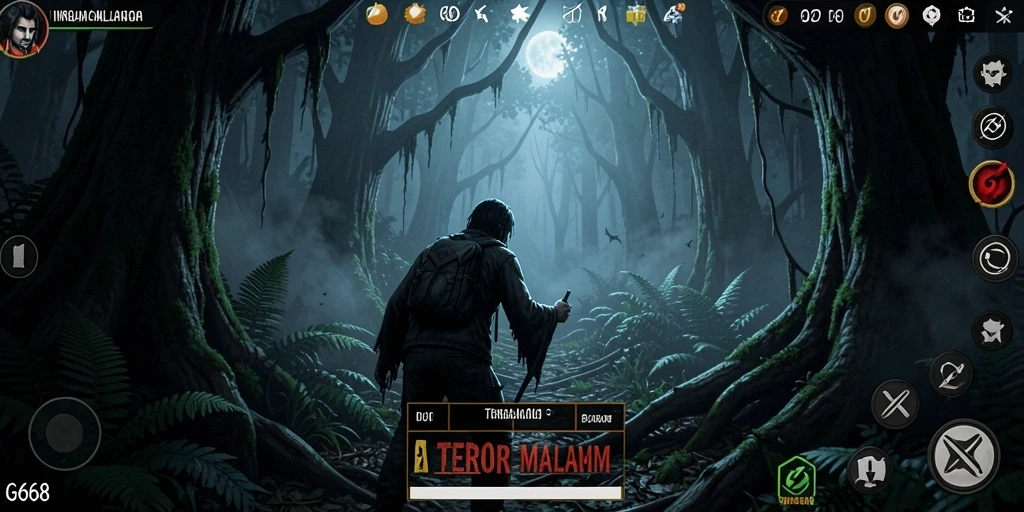 Screenshot gameplay G668 menampilkan atmosfer horror yang mencekam.