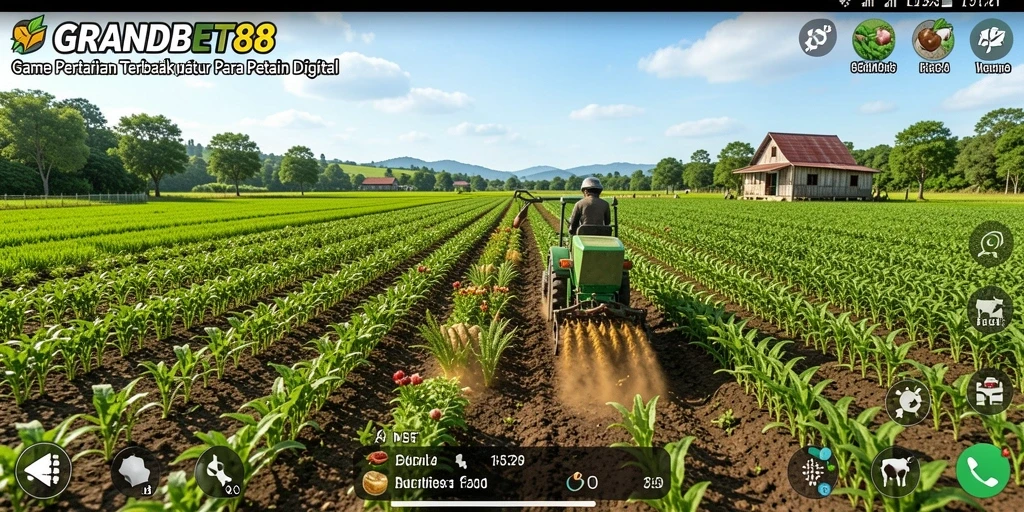 Screenshot gameplay GRANDBET88 yang menunjukkan aktivitas bertani dan beternak.