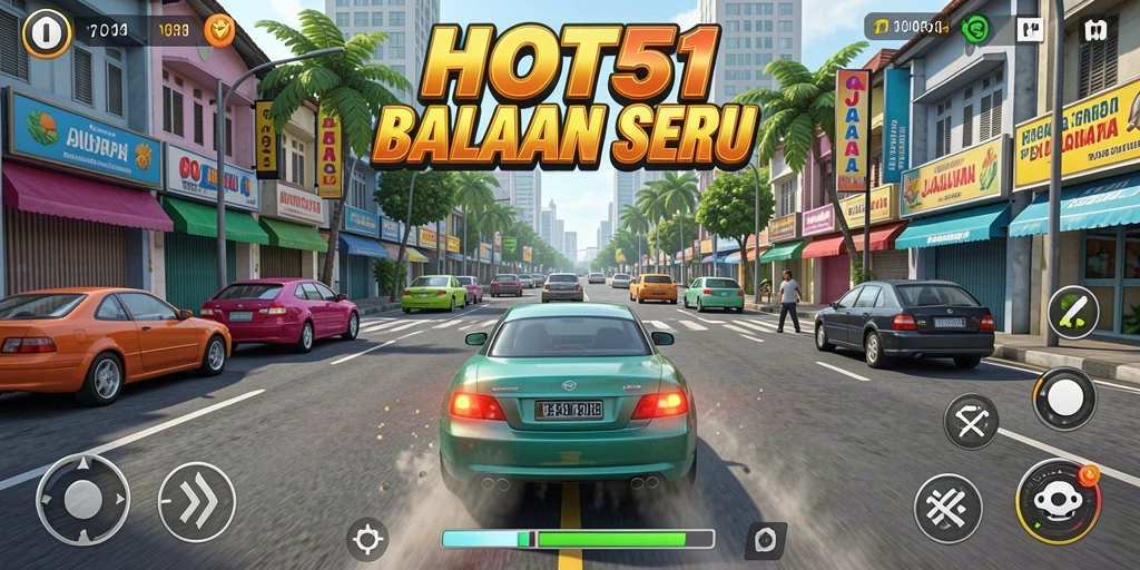 Gameplay HOT51 yang mendebarkan dengan mobil balap di lintasan.