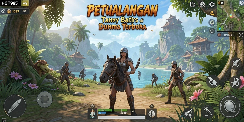 Screenshot menunjukkan karakter menjelajahi hutan rimbun dalam HOT985.