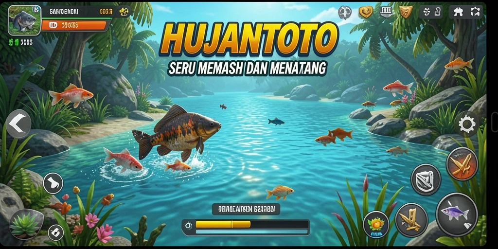 Screeshot gameplay <strong>HUJANTOTO</strong> menampilkan aksi memancing yang seru dan menarik.