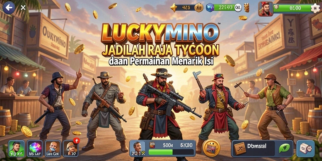 Tampilan gameplay <strong>LUCKYMINO</strong> yang menunjukkan aktivitas pengelolaan bisnis.