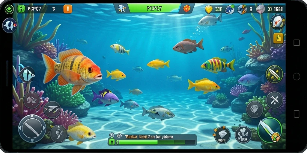 Tampilan gameplay yang seru dalam PCPC7 saat menembak ikan berwarna-warni.