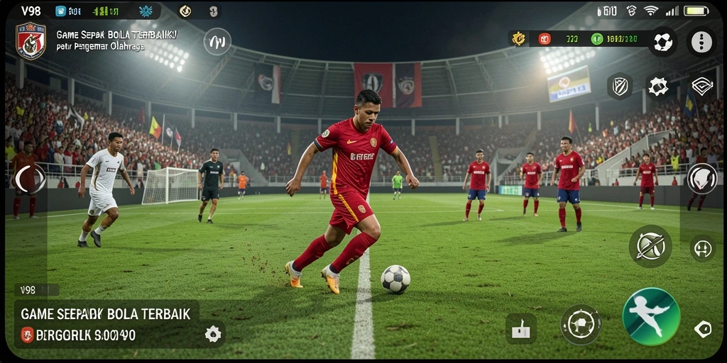 Tampilan gameplay menarik di V98 dengan aksi sepak bola yang mendebarkan.