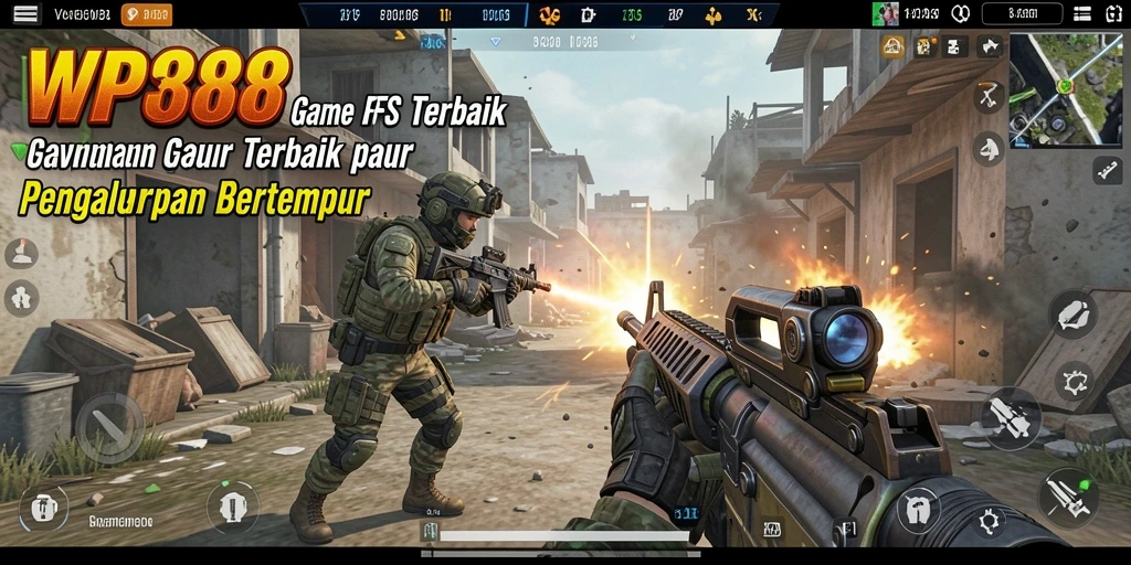 Screenshot menunjukkan aksi intens dalam pertempuran FPS WP888.