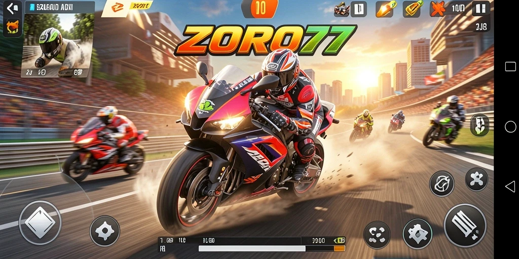 Screenshot game motor balap ZORO77 dengan aksi mendebarkan.